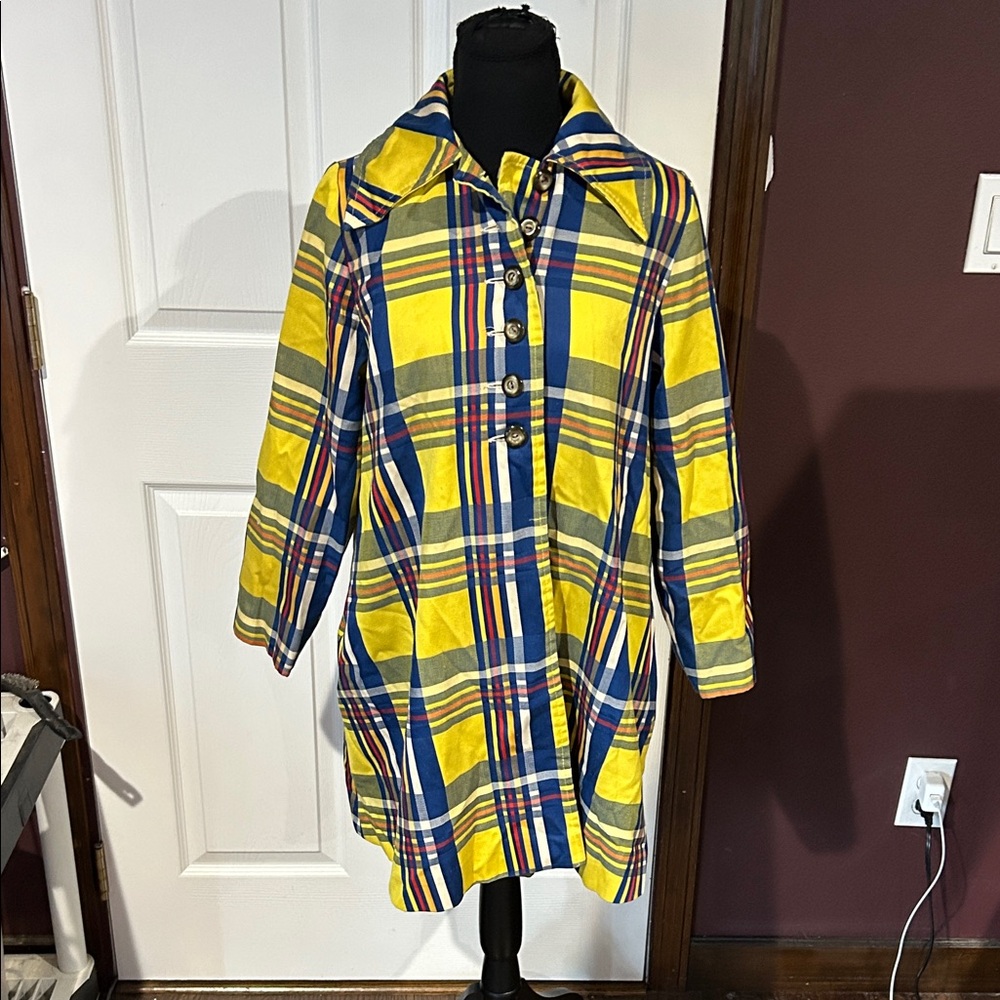 Vtg 60s Mod Modes Marcel yellow blue plaid Twiggy jacket coat sz M